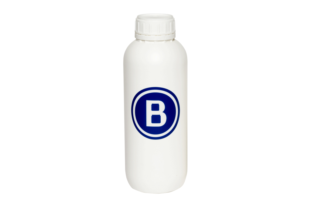 Flacone BB 90 in plastica HDPE da 1 litro, bianco, foro DIN 50.
